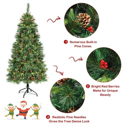 Costway 6Ft Pre-lit Hinged PE Artificial Christmas Tree w/ 250 LED Lights & Pine Cones 8 Costway 6Ft Pre-lit Hinged PE Artificial Christmas Tree w/ 250 LED Lights & Pine Cones - Image 8