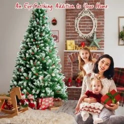 Costway 8ft Unlit Hinged Artificial Christmas Tree w/ Snow Flocked Tips and Red Berries