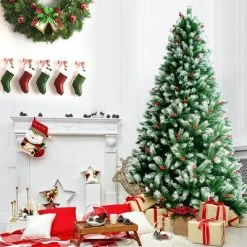 Costway 8ft Unlit Hinged Artificial Christmas Tree w/ Snow Flocked Tips and Red Berries -Christmas Trees Sales Store unnamed file 4285
