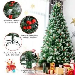 Costway 8ft Unlit Hinged Artificial Christmas Tree w/ Snow Flocked Tips and Red Berries -Christmas Trees Sales Store unnamed file 4288