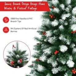 Costway 8ft Unlit Hinged Artificial Christmas Tree w/ Snow Flocked Tips and Red Berries -Christmas Trees Sales Store unnamed file 4289