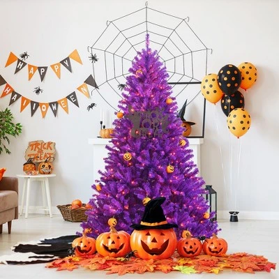 Costway 6ft Pre-lit Purple Halloween Christmas Tree w/ Orange Lights Pumpkin Decorations 2 Costway 6ft Pre-lit Purple Halloween Christmas Tree w/ Orange Lights Pumpkin Decorations - Image 2