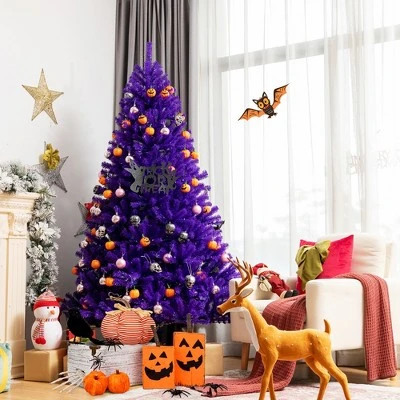 Costway 6ft Pre-lit Purple Halloween Christmas Tree w/ Orange Lights Pumpkin Decorations 4 Costway 6ft Pre-lit Purple Halloween Christmas Tree w/ Orange Lights Pumpkin Decorations - Image 4