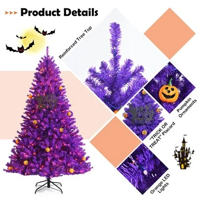 Costway 6ft Pre-lit Purple Halloween Christmas Tree w/ Orange Lights Pumpkin Decorations 7 Costway 6ft Pre-lit Purple Halloween Christmas Tree w/ Orange Lights Pumpkin Decorations - Image 7