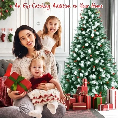 Costway 7ft Unlit Hinged Artificial Christmas Tree w/ Snow Flocked Tips and Red Berries 1 Costway 7ft Unlit Hinged Artificial Christmas Tree w/ Snow Flocked Tips and Red Berries