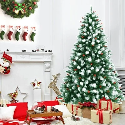 Costway 7ft Unlit Hinged Artificial Christmas Tree w/ Snow Flocked Tips and Red Berries 4 Costway 7ft Unlit Hinged Artificial Christmas Tree w/ Snow Flocked Tips and Red Berries - Image 4