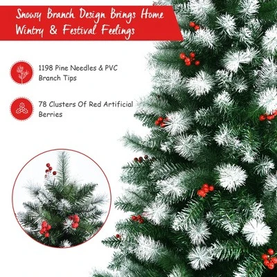 Costway 7ft Unlit Hinged Artificial Christmas Tree w/ Snow Flocked Tips and Red Berries 8 Costway 7ft Unlit Hinged Artificial Christmas Tree w/ Snow Flocked Tips and Red Berries - Image 8