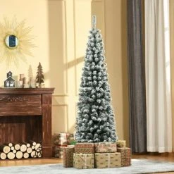 HOMCOM Artificial Snow Flocked Christmas Tree, Winter Style Holiday Xmas Pencil Tree with Foldable Steel Stand Home Indoor Decoration, Green
