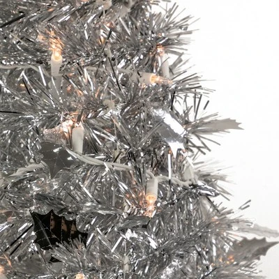 Northlight 4' Pre-Lit Silver Tinsel Pop-Up Artificial Christmas Tree, Clear Lights 2 Northlight 4' Pre-Lit Silver Tinsel Pop-Up Artificial Christmas Tree, Clear Lights - Image 2