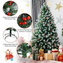 Costway 6ft Unlit Hinged Artificial Christmas Tree w/Snow Flocked Tips and Red Berries -Christmas Trees Sales Store unnamed file 4525