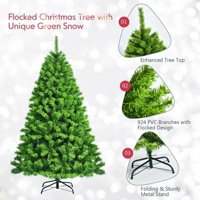 Costway 6.5ft Snow Flocked Hinged Artificial Christmas Tree w/ Metal Stand Green 9 Costway 6.5ft Snow Flocked Hinged Artificial Christmas Tree w/ Metal Stand Green - Image 9