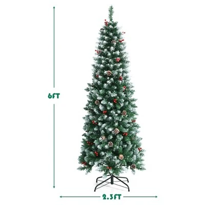 Costway 6ft Pre-lit Artificial Hinged Pencil Christmas Tree Decorated Snow Flocked Tips 3 Costway 6ft Pre-lit Artificial Hinged Pencil Christmas Tree Decorated Snow Flocked Tips - Image 3