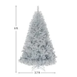 Costway 6Ft Hinged Unlit Artificial Silver Tinsel Christmas Tree Holiday w/Metal Stand