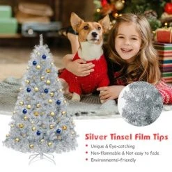 Costway 6Ft Hinged Unlit Artificial Silver Tinsel Christmas Tree Holiday w/Metal Stand -Christmas Trees Sales Store unnamed file 4593
