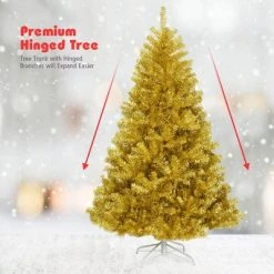 Costway 6ft Artificial Tinsel Christmas Tree Hinged w/1036 Tips Foldable Stand Champagne -Christmas Trees Sales Store unnamed file 4602