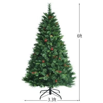Costway 6ft Pre-lit Hinged Artificial Christmas Tree w/ Pine Cones & Red Berries 3 Costway 6ft Pre-lit Hinged Artificial Christmas Tree w/ Pine Cones & Red Berries - Image 3