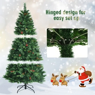 Costway 6ft Pre-lit Hinged Artificial Christmas Tree w/ Pine Cones & Red Berries 7 Costway 6ft Pre-lit Hinged Artificial Christmas Tree w/ Pine Cones & Red Berries - Image 7