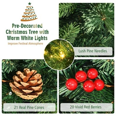 Costway 6ft Pre-lit Hinged Artificial Christmas Tree w/ Pine Cones & Red Berries 9 Costway 6ft Pre-lit Hinged Artificial Christmas Tree w/ Pine Cones & Red Berries - Image 9