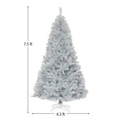 Costway 7.5Ft Hinged Unlit Artificial Silver Tinsel Christmas Tree Holiday w/Metal Stand
