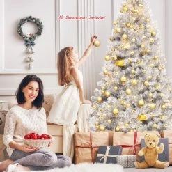 Costway 7.5Ft Hinged Unlit Artificial Silver Tinsel Christmas Tree Holiday w/Metal Stand -Christmas Trees Sales Store unnamed file 4637