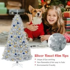 Costway 7.5Ft Hinged Unlit Artificial Silver Tinsel Christmas Tree Holiday w/Metal Stand -Christmas Trees Sales Store unnamed file 4640