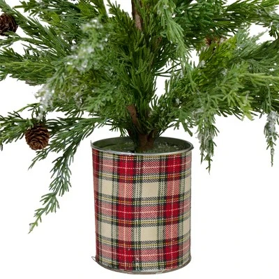 Northlight 24" Iced Cedar Artificial Christmas Tree in Plaid Pot - Unlit 1 Northlight 24" Iced Cedar Artificial Christmas Tree in Plaid Pot - Unlit