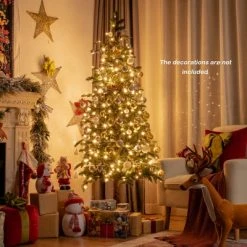 Costway 6ft Pre-Lit Artificial Hinged Pencil Christmas Tree w/250 Lights and Metal Stand