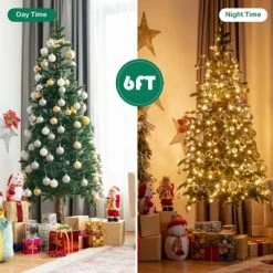 Costway 6ft Pre-Lit Artificial Hinged Pencil Christmas Tree w/250 Lights and Metal Stand -Christmas Trees Sales Store unnamed file 4676