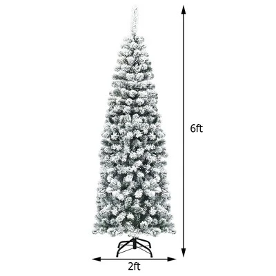 Costway 6Ft Unlit Hinged Snow Flocked Artificial Pencil Christmas Tree w/ 500 Branch Tip 1 Costway 6Ft Unlit Hinged Snow Flocked Artificial Pencil Christmas Tree w/ 500 Branch Tip