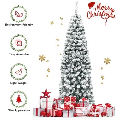 Costway 6Ft Unlit Hinged Snow Flocked Artificial Pencil Christmas Tree w/ 500 Branch Tip 6 Costway 6Ft Unlit Hinged Snow Flocked Artificial Pencil Christmas Tree w/ 500 Branch Tip - Image 6