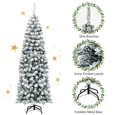 Costway 6Ft Unlit Hinged Snow Flocked Artificial Pencil Christmas Tree w/ 500 Branch Tip 7 Costway 6Ft Unlit Hinged Snow Flocked Artificial Pencil Christmas Tree w/ 500 Branch Tip - Image 7