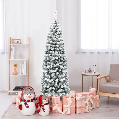 Costway 6Ft Unlit Hinged Snow Flocked Artificial Pencil Christmas Tree w/ 500 Branch Tip 8 Costway 6Ft Unlit Hinged Snow Flocked Artificial Pencil Christmas Tree w/ 500 Branch Tip - Image 8