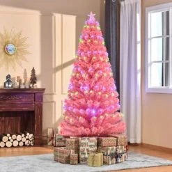 HOMCOM 7ft Tall Fir Artificial Christmas Tree with Realistic Branches, 280 Multi-Color Fiber Optic LED Lights and 280 Tips, Pink