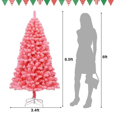 Costway 6.5ft Snow Flocked Hinged Artificial Christmas Tree w/ Metal Stand Pink 3 Costway 6.5ft Snow Flocked Hinged Artificial Christmas Tree w/ Metal Stand Pink - Image 3