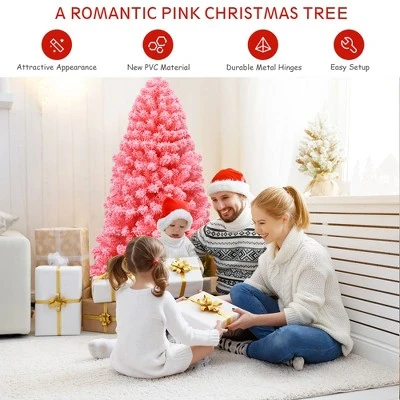 Costway 6.5ft Snow Flocked Hinged Artificial Christmas Tree w/ Metal Stand Pink 5 Costway 6.5ft Snow Flocked Hinged Artificial Christmas Tree w/ Metal Stand Pink - Image 5