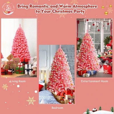 Costway 6.5ft Snow Flocked Hinged Artificial Christmas Tree w/ Metal Stand Pink 6 Costway 6.5ft Snow Flocked Hinged Artificial Christmas Tree w/ Metal Stand Pink - Image 6