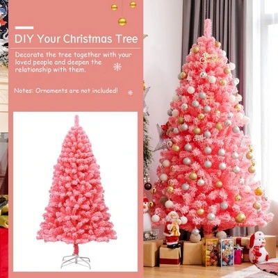 Costway 6.5ft Snow Flocked Hinged Artificial Christmas Tree w/ Metal Stand Pink 7 Costway 6.5ft Snow Flocked Hinged Artificial Christmas Tree w/ Metal Stand Pink - Image 7