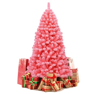 Costway 6.5ft Snow Flocked Hinged Artificial Christmas Tree w/ Metal Stand Pink 9 Costway 6.5ft Snow Flocked Hinged Artificial Christmas Tree w/ Metal Stand Pink - Image 9