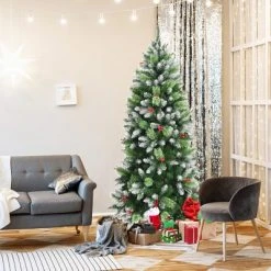 Costway 5ft6ft7.5ft Unlit Snowy Hinged Artificial Christmas Pencil Tree w/ Red Berries -Christmas Trees Sales Store unnamed file 4757