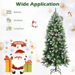 Costway 5ft6ft7.5ft Unlit Snowy Hinged Artificial Christmas Pencil Tree w/ Red Berries -Christmas Trees Sales Store unnamed file 4759