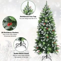 Costway 5ft6ft7.5ft Unlit Snowy Hinged Artificial Christmas Pencil Tree w/ Red Berries -Christmas Trees Sales Store unnamed file 4761