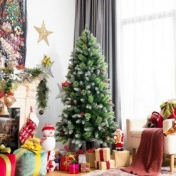 Costway 5ft6ft7.5ft Unlit Snowy Hinged Artificial Christmas Pencil Tree w/ Red Berries -Christmas Trees Sales Store unnamed file 4762