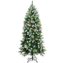 Costway 5ft6ft7.5ft Unlit Snowy Hinged Artificial Christmas Pencil Tree w/ Red Berries -Christmas Trees Sales Store unnamed file 4763