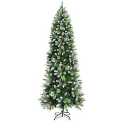 Costway 5ft6ft7.5ft Unlit Snowy Hinged Artificial Christmas Pencil Tree w/ Red Berries -Christmas Trees Sales Store unnamed file 4764