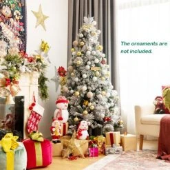 Costway 6ft Artificial Christmas Tree, Snow Flocked Hinged Xmas Tree w/ Pine Needles, Red Berries, Pine Cones & Metal Base