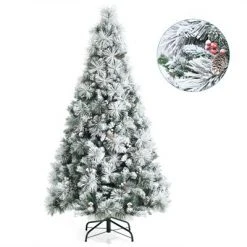 Costway 6ft Artificial Christmas Tree, Snow Flocked Hinged Xmas Tree w/ Pine Needles, Red Berries, Pine Cones & Metal Base -Christmas Trees Sales Store unnamed file 4862