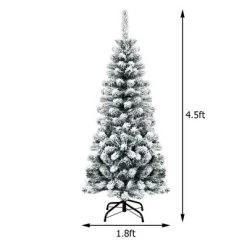Costway 4.5Ft Unlit Hinged Snow Flocked Artificial Pencil Christmas Tree w/ 242 Branch
