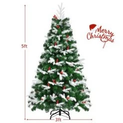 Costway 5ft Unlit Snowy Hinged Christmas Tree w/ 418 Mixed Tips & Red Berries -Christmas Trees Sales Store unnamed file 5107