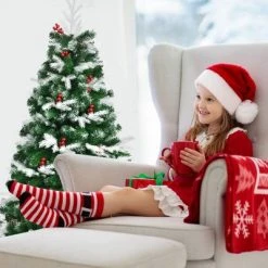 Costway 5ft Unlit Snowy Hinged Christmas Tree w/ 418 Mixed Tips & Red Berries -Christmas Trees Sales Store unnamed file 5108