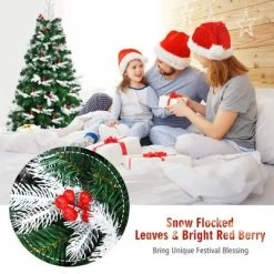 Costway 5ft Unlit Snowy Hinged Christmas Tree w/ 418 Mixed Tips & Red Berries -Christmas Trees Sales Store unnamed file 5110